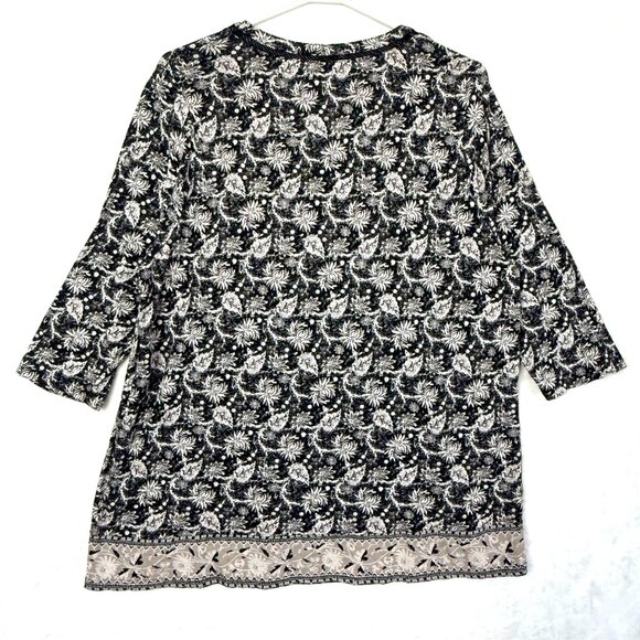Lucky Brand Floral Split Neck Peasant Boho Blouse Top Womens 2X Black Beige - Picture 3 of 7